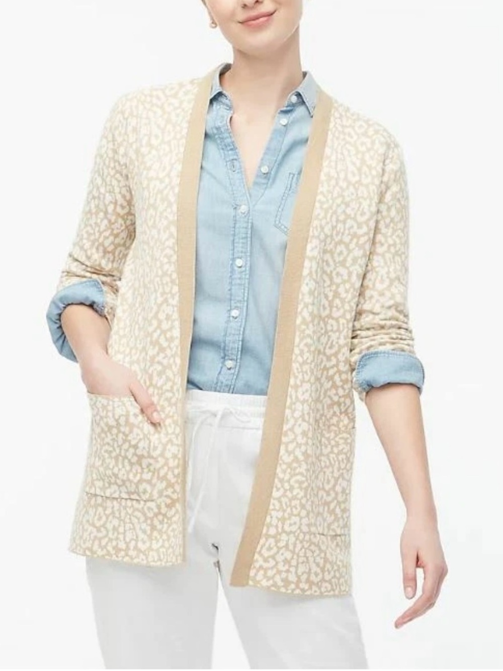 J. Crew Leopard open cardigan sweater in Lt Khaki Ivory-M